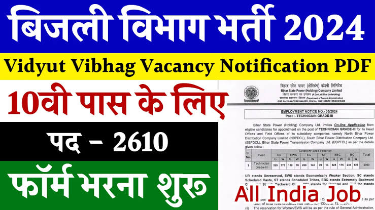 Bihar Bijali Vibhag Bharti 2024 Notification Out for 2610 Post : बिहार बिजली विभाग 10वीं पास बंपर भर्ती 2024